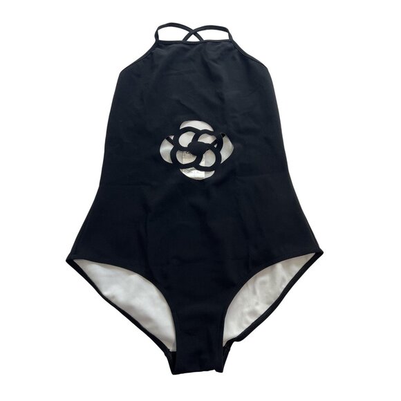 Chanel Laser-Cut Camellia Cutout One Piece Swimsuit in Black - Picture 1 of 4